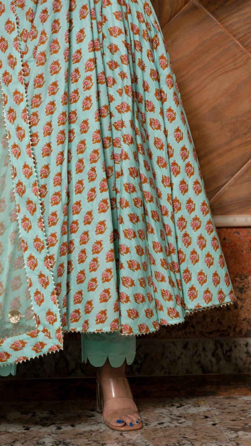 lilly-of-valley-hand-block-anarkali-set-11403165BL, Women Indian Ethnic Clothing, Cotton Kurta Set Dupatta