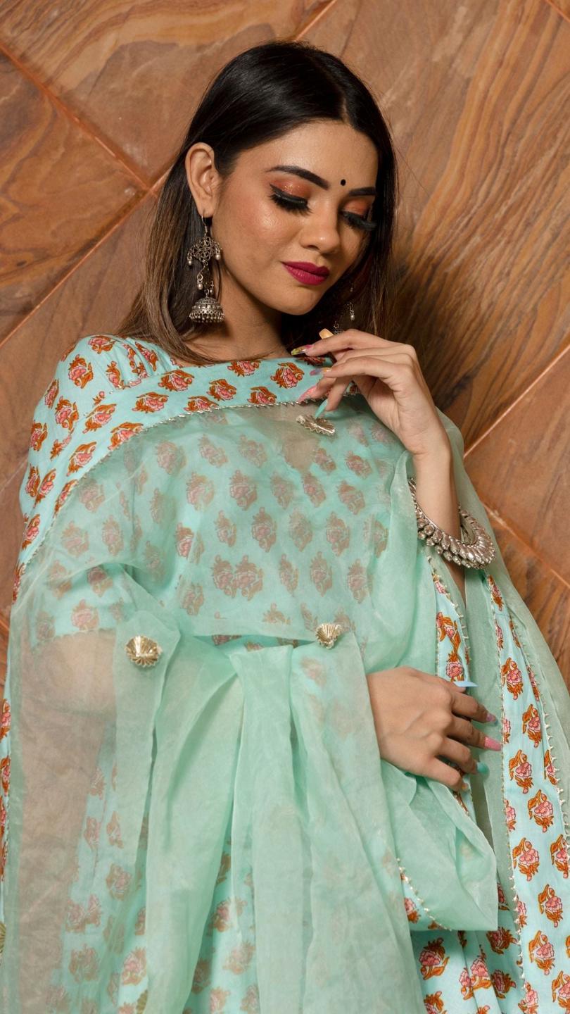 lilly-of-valley-hand-block-anarkali-set-11403165BL, Women Indian Ethnic Clothing, Cotton Kurta Set Dupatta