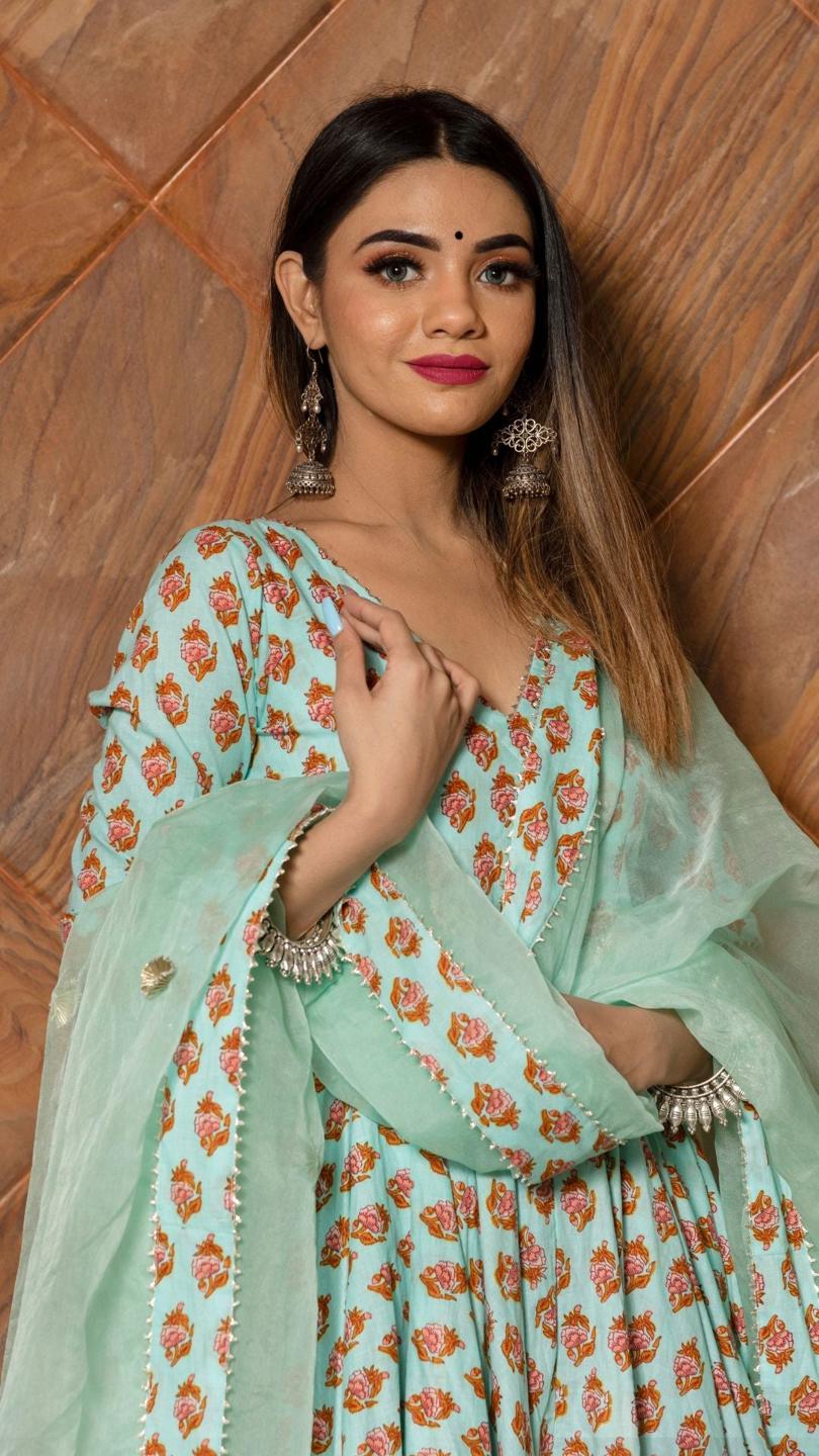 lilly-of-valley-hand-block-anarkali-set-11403165BL, Women Indian Ethnic Clothing, Cotton Kurta Set Dupatta