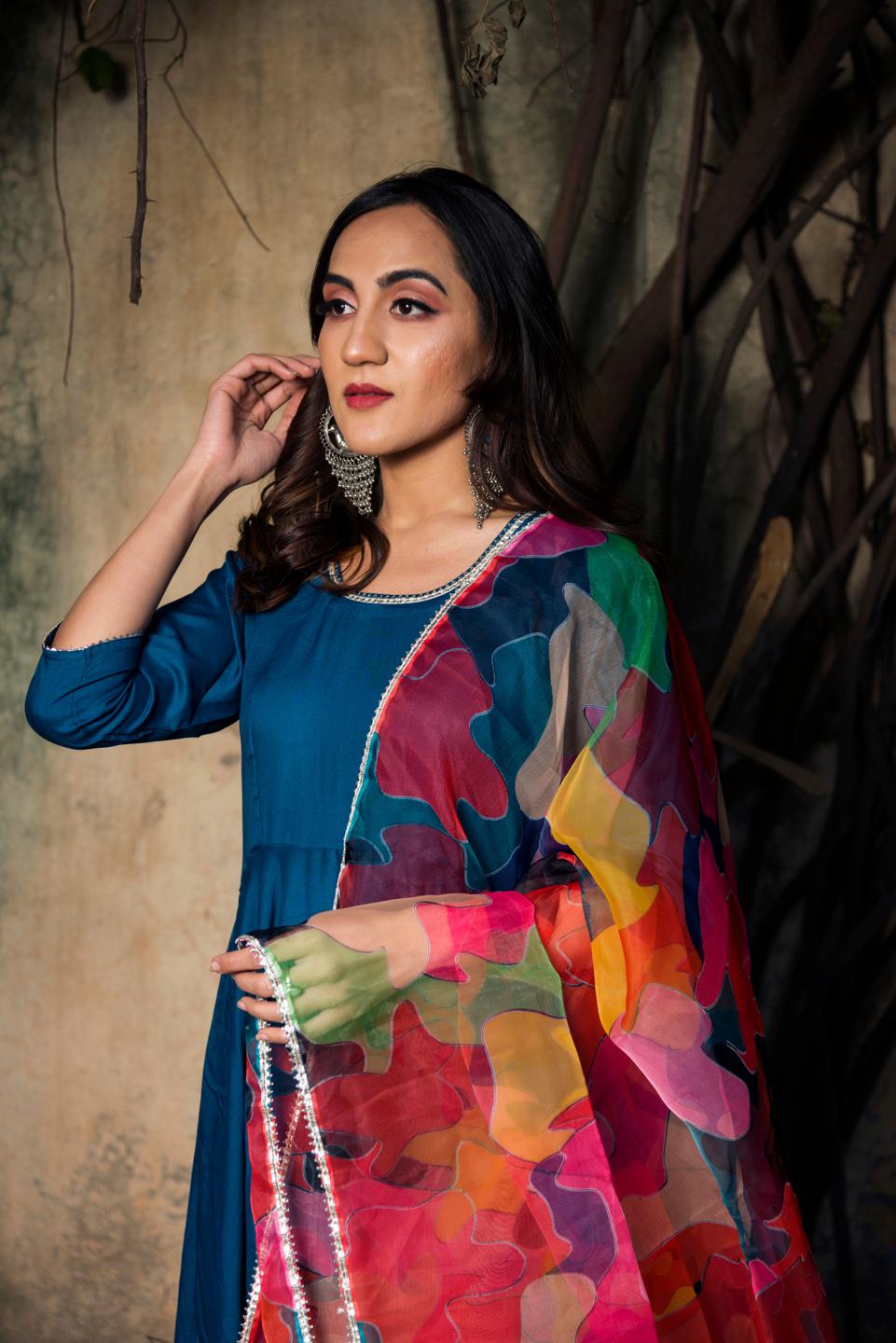 lily-blue-rayon-anarkali-11403136BL, Women Indian Ethnic Clothing, Rayon Kurta Set Dupatta