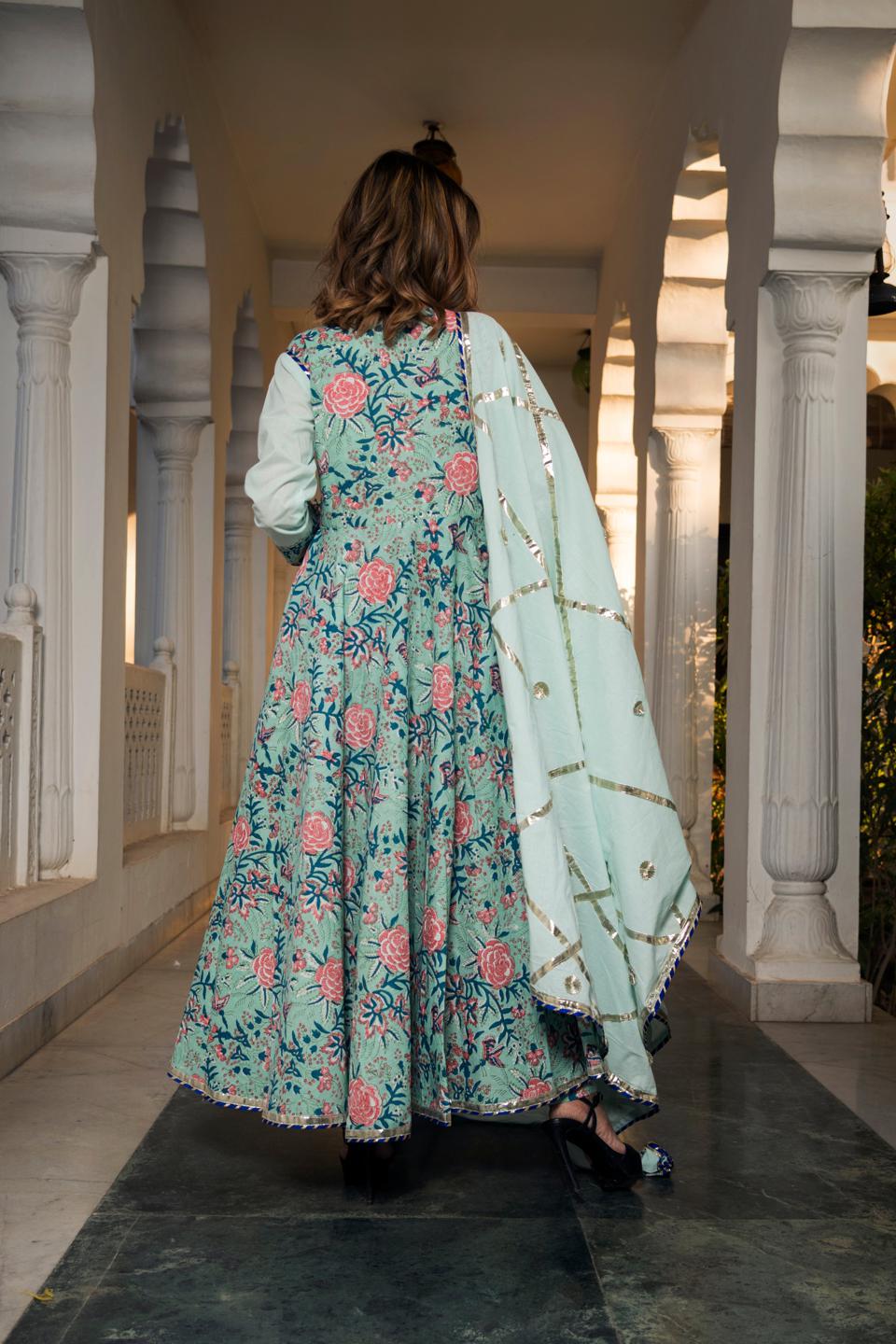 lotous-hand-block-print-anarkali-set-11403140GR, Women Indian Ethnic Clothing, Cotton Kurta Set Dupatta
