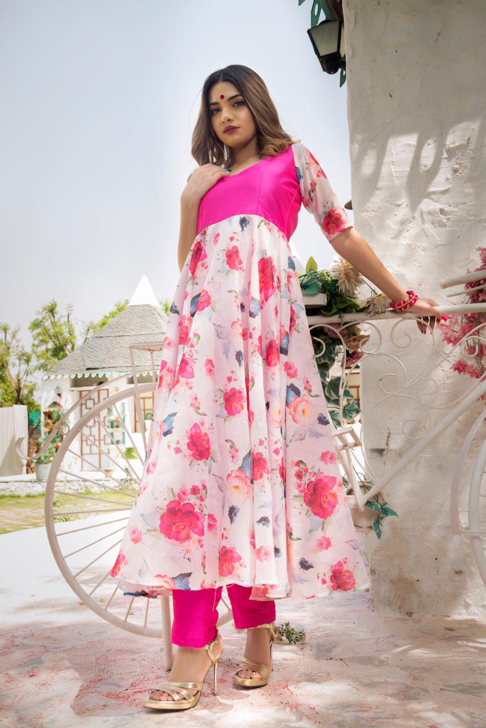lotus-hot-pink-modal-anarkali-set-11403143PK, Women Indian Ethnic Clothing, Cotton Kurta Set Dupatta