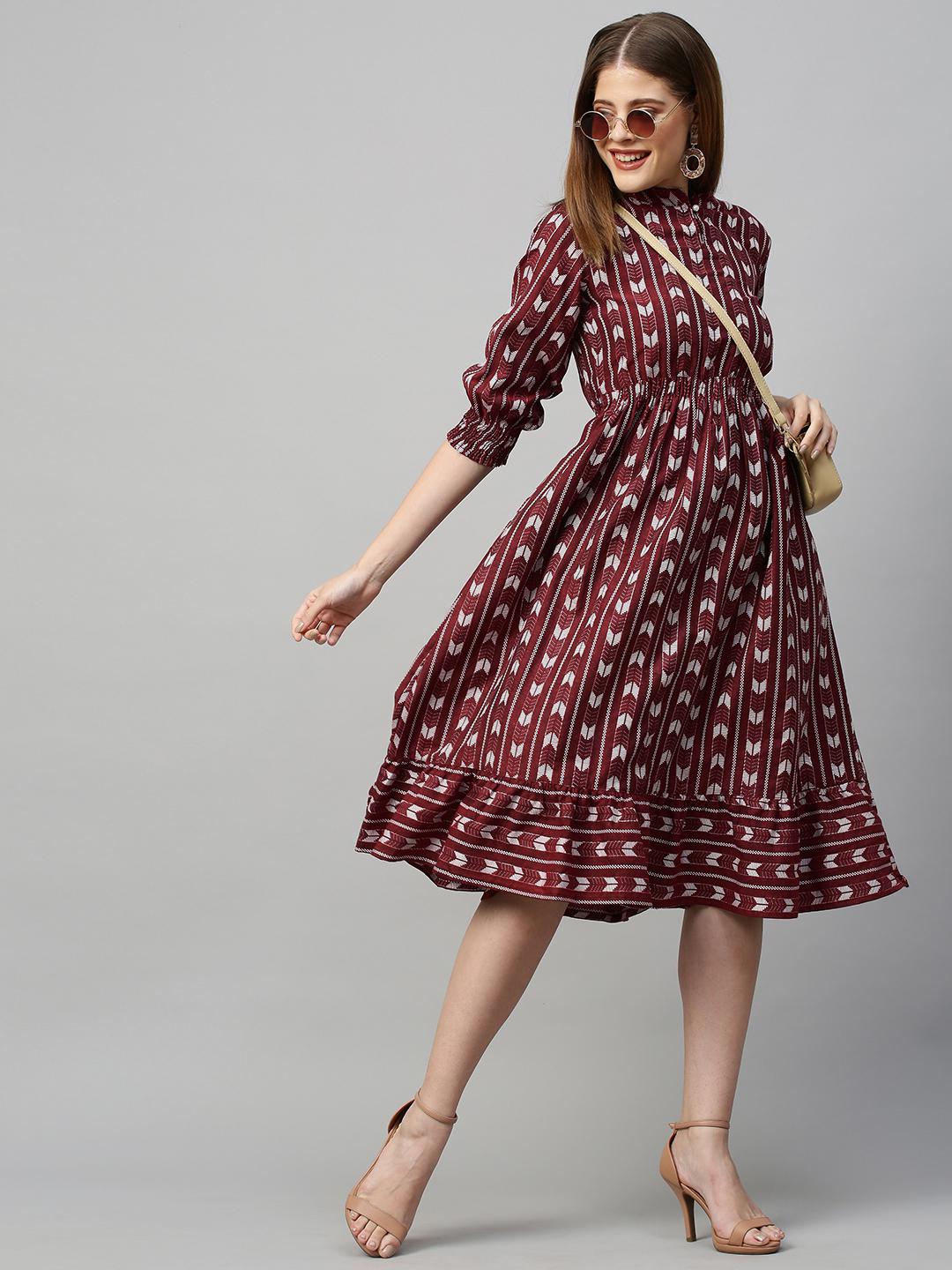 lurex-striped-woven-midi-flared-dress-dark-red-10304007RD, Women Clothing, Cotton Dress