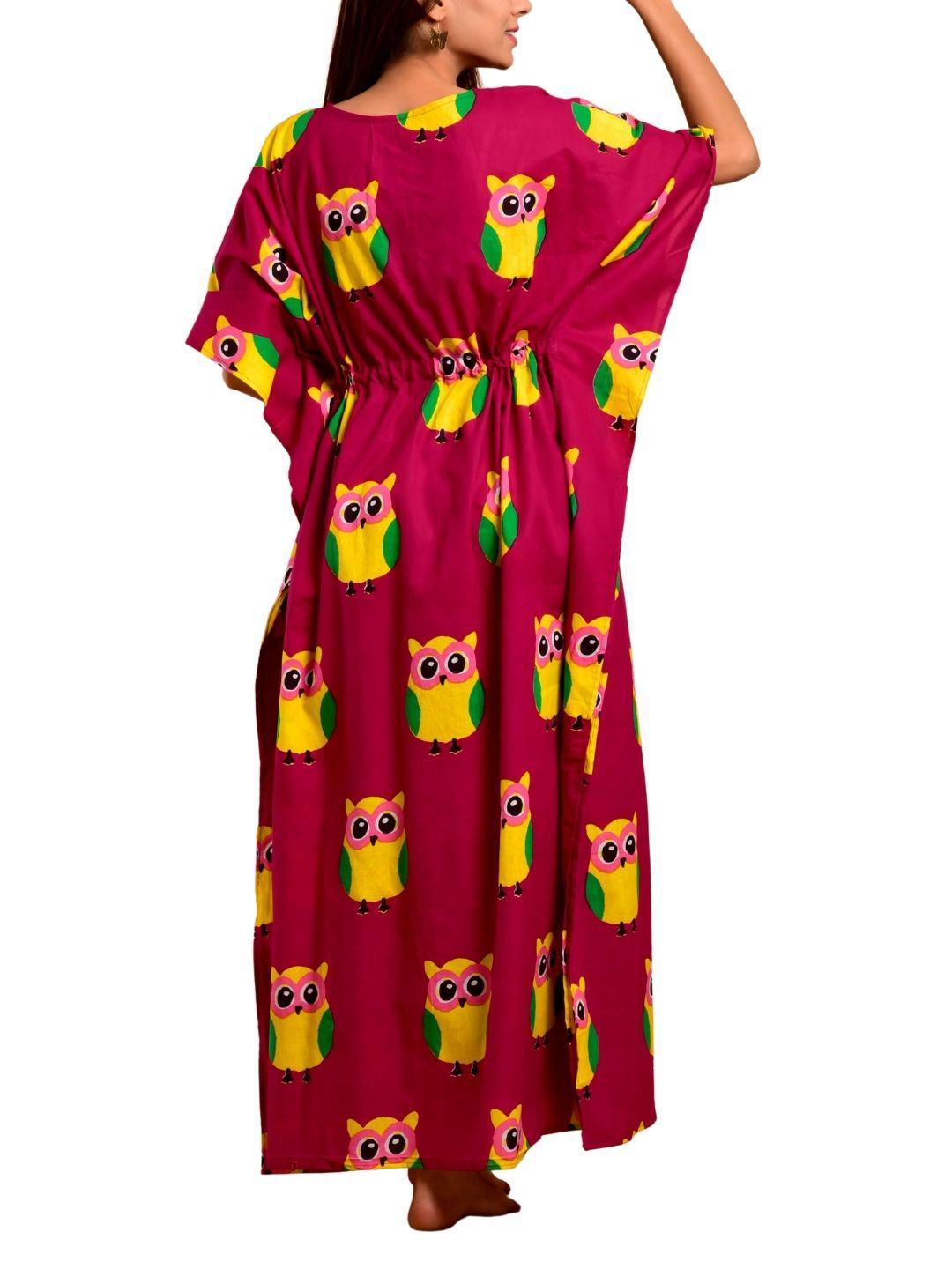 magenta-owl-long-caftan-10921032RD, Women Clothing, Cotton Caftan, Magenta Owl Print Long Caftan