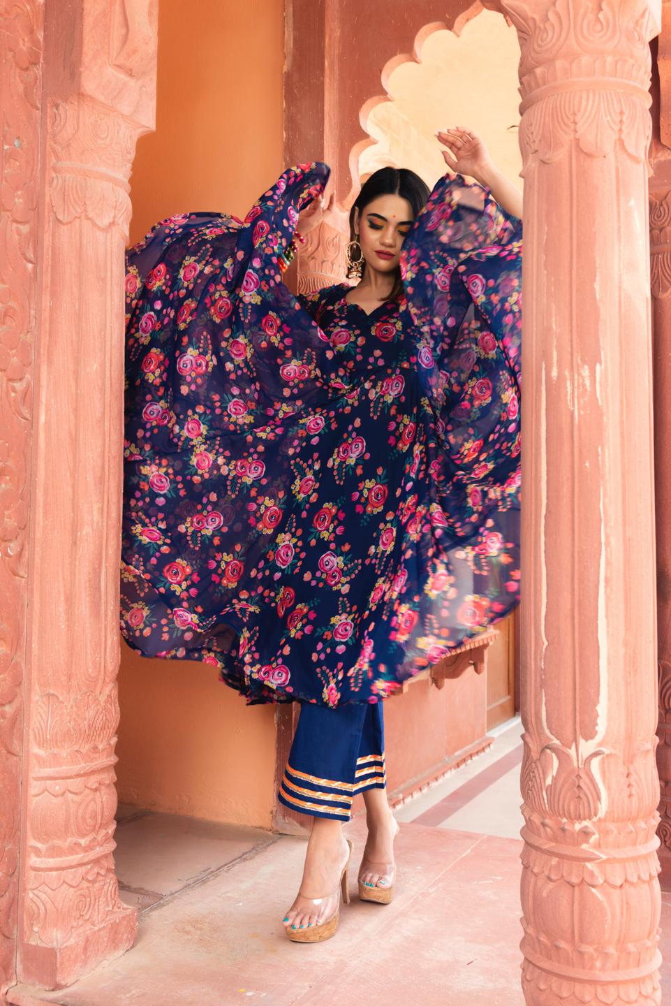 manjari-organza-phool-jaal-anarkali-set-11403154BL, Women Indian Ethnic Clothing, Organza Kurta Set Dupatta