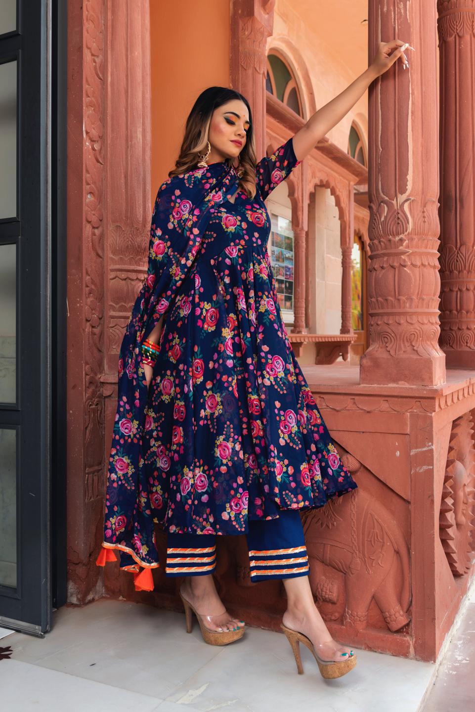 manjari-organza-phool-jaal-anarkali-set-11403154BL, Women Indian Ethnic Clothing, Organza Kurta Set Dupatta