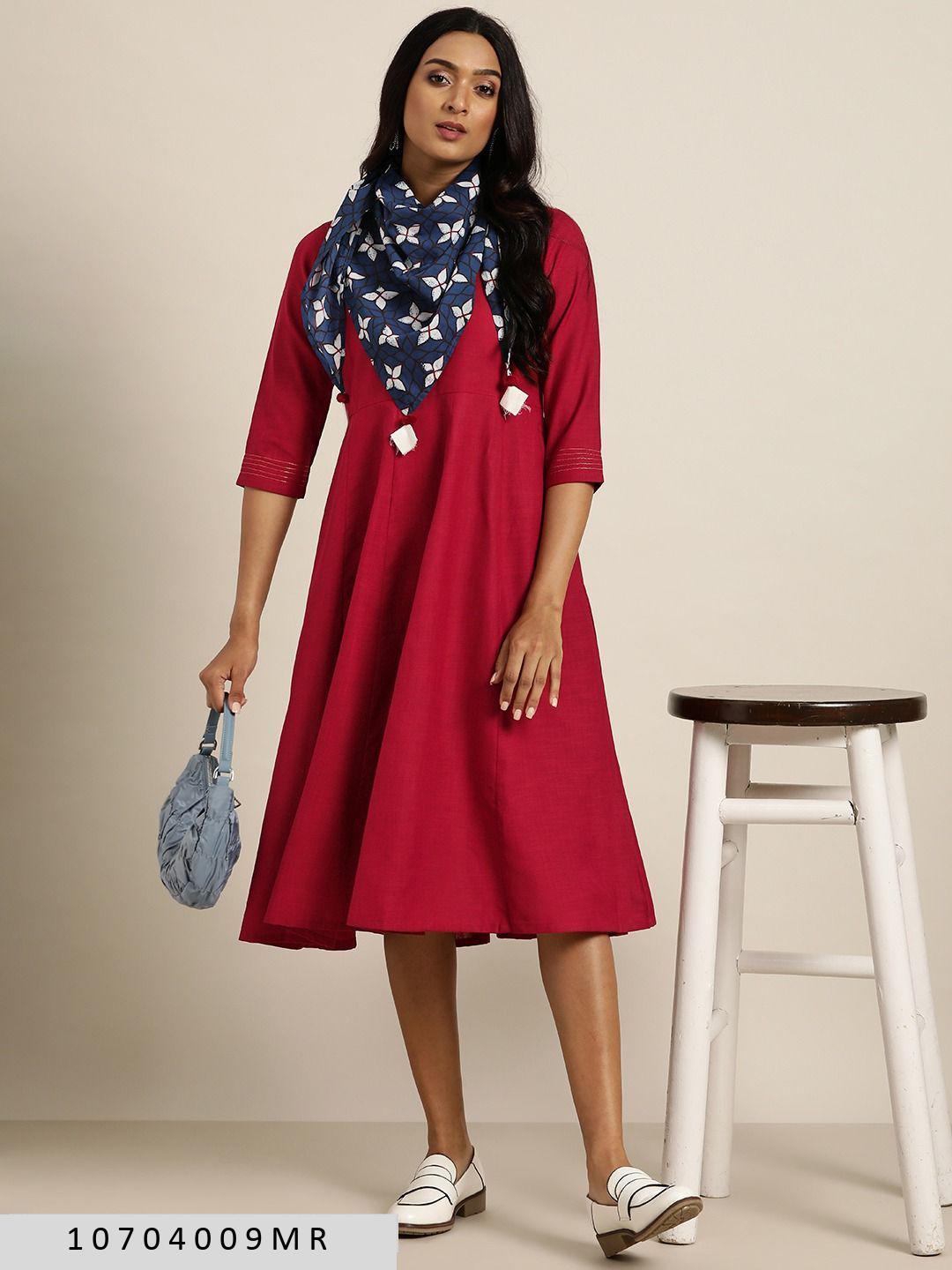 maroon-anarkali-dress-with-printed-scraf-10704009MR, Women Clothing, Poly Viscose Dress