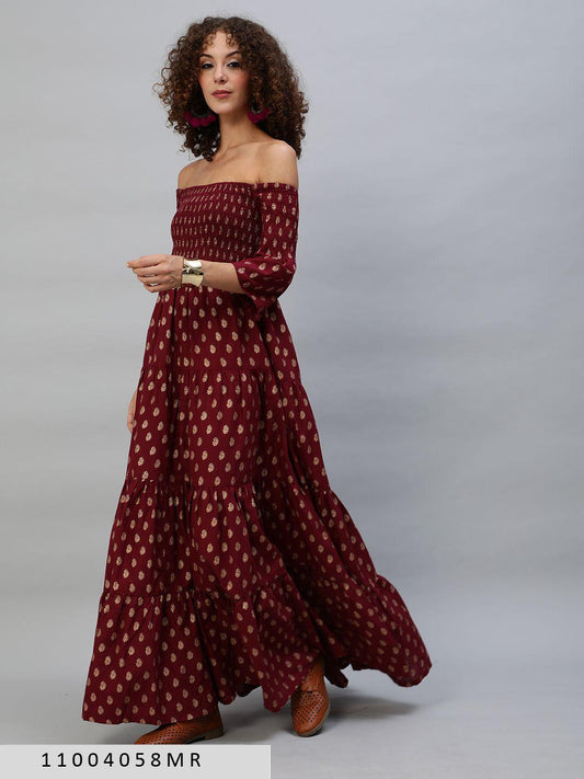 maroon-gold-printed-off-shoulder-tiered-maxi-11004058MR, Women Clothing, Cotton Dress