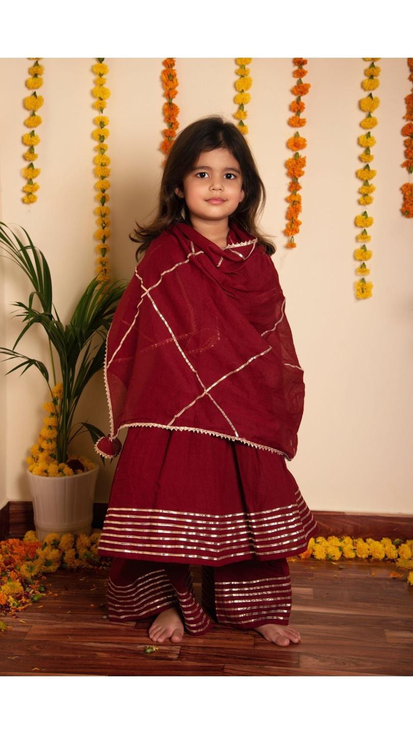 maroon-gotta-jaal-anarkali-set-11434034MR, Kids Indian Ethnic Clothing, Cotton Girl Kurta Set