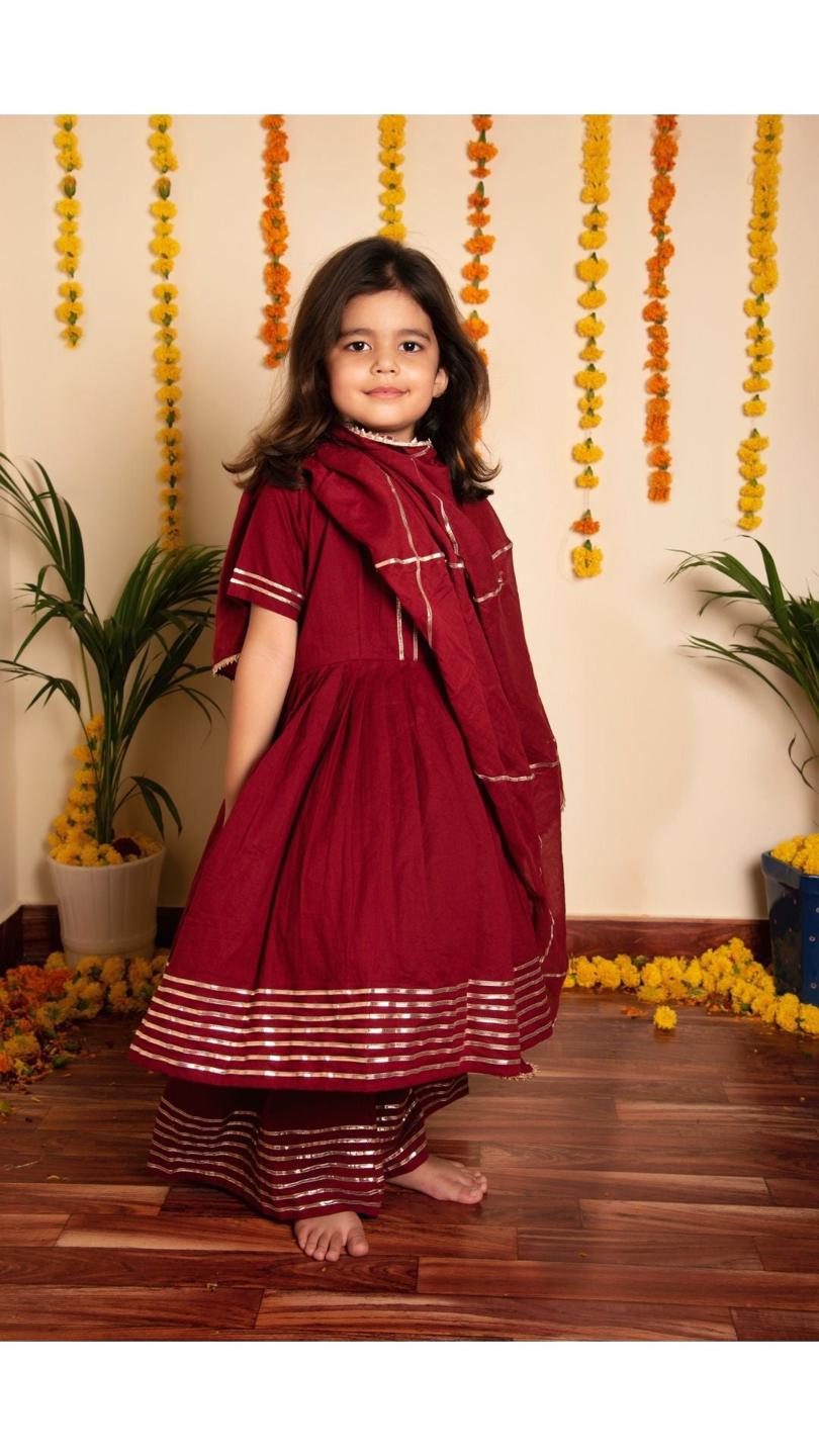 maroon-gotta-jaal-anarkali-set-11434034MR, Kids Indian Ethnic Clothing, Cotton Girl Kurta Set