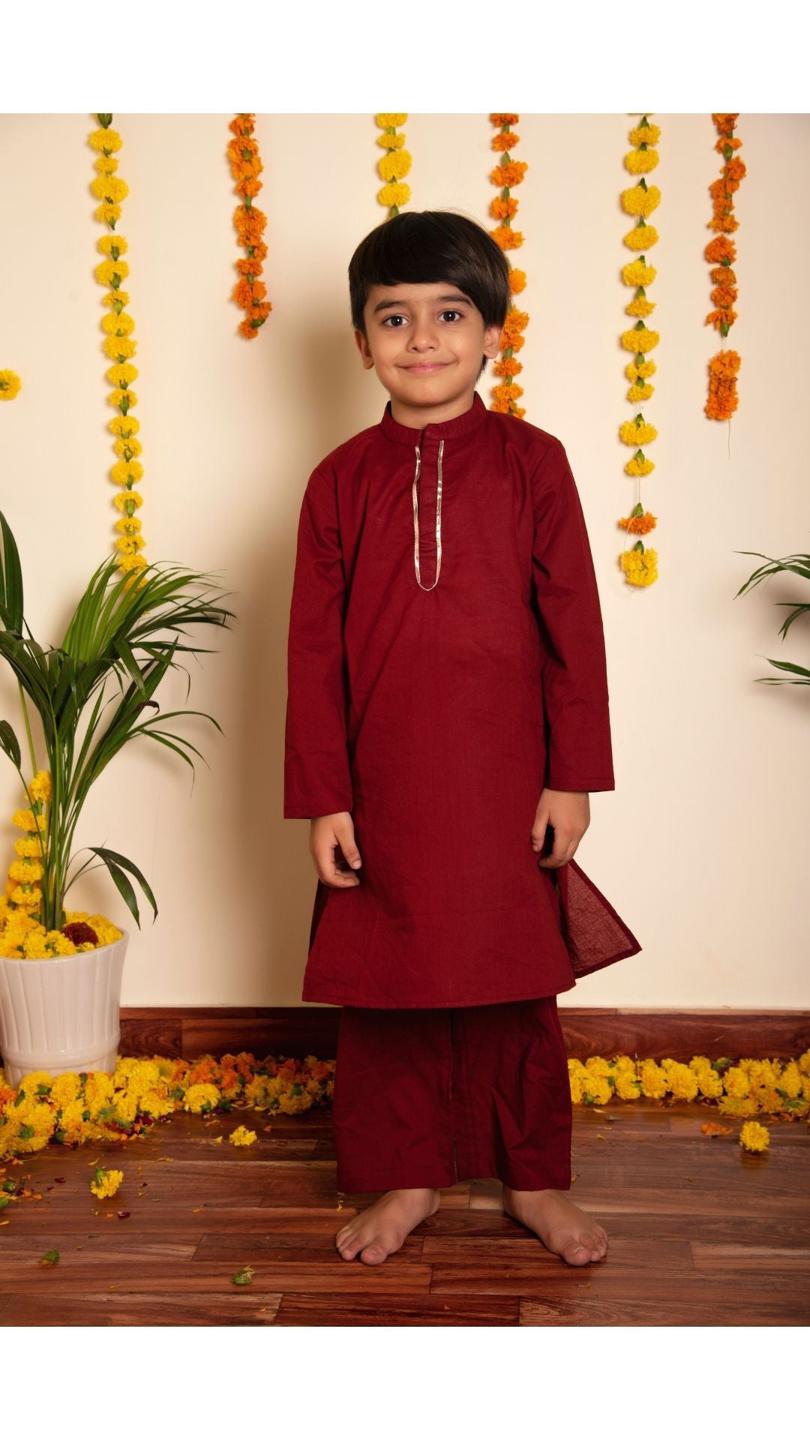 maroon-kurta-pant-set-11420035MR, Kids Indian Ethnic Clothing, Cotton Boy Kurta Pajama Set