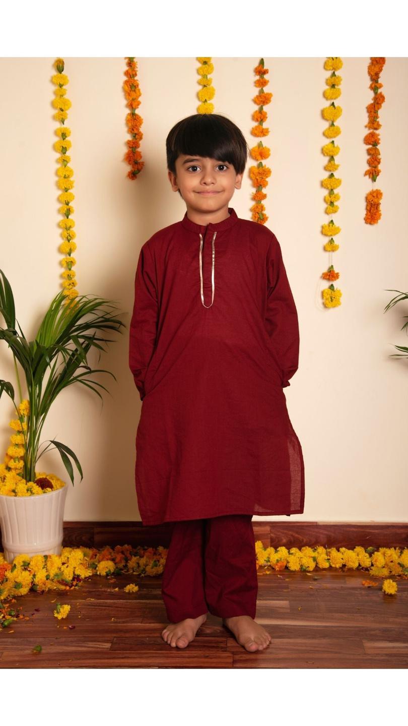 maroon-kurta-pant-set-11420035MR, Kids Indian Ethnic Clothing, Cotton Boy Kurta Pajama Set