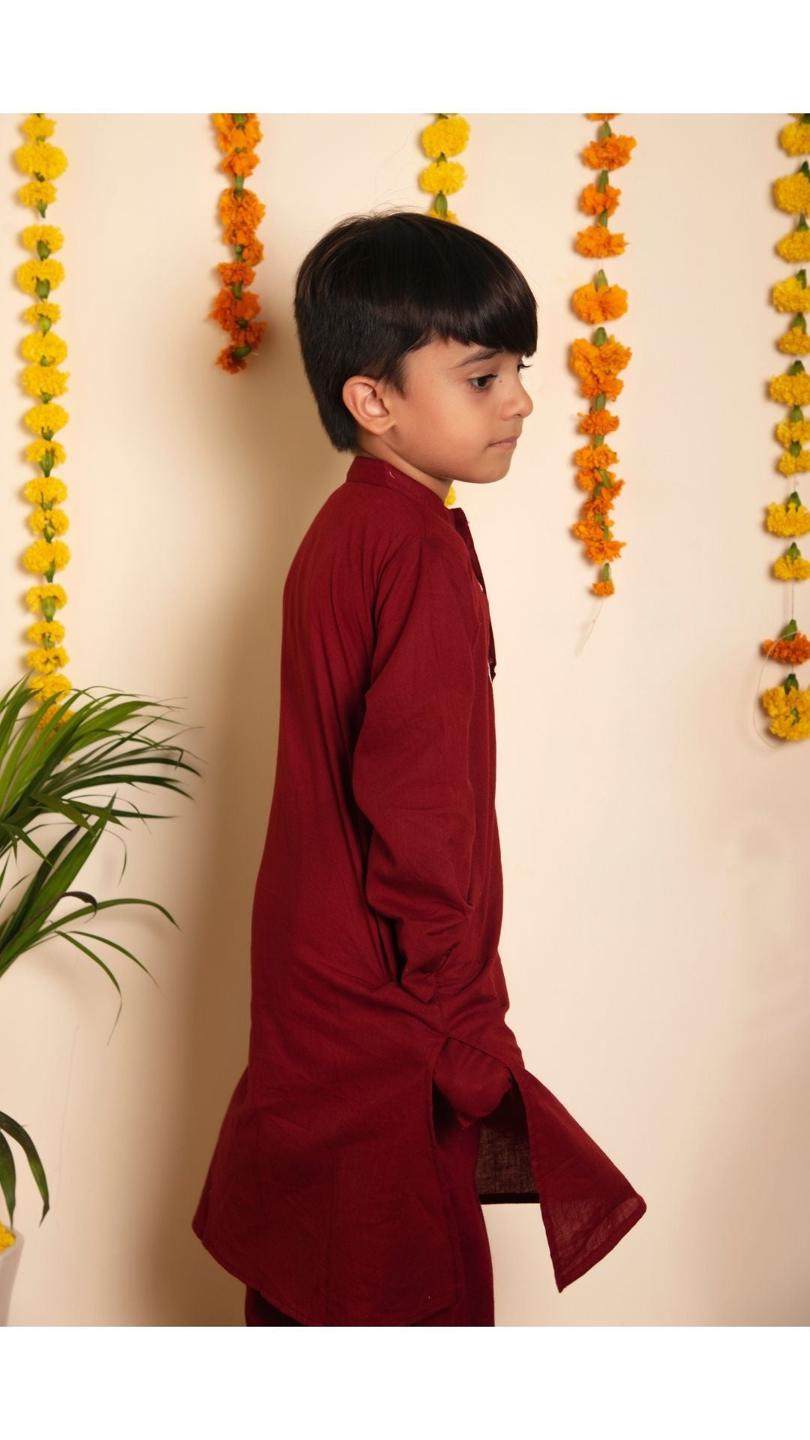 maroon-kurta-pant-set-11420035MR, Kids Indian Ethnic Clothing, Cotton Boy Kurta Pajama Set