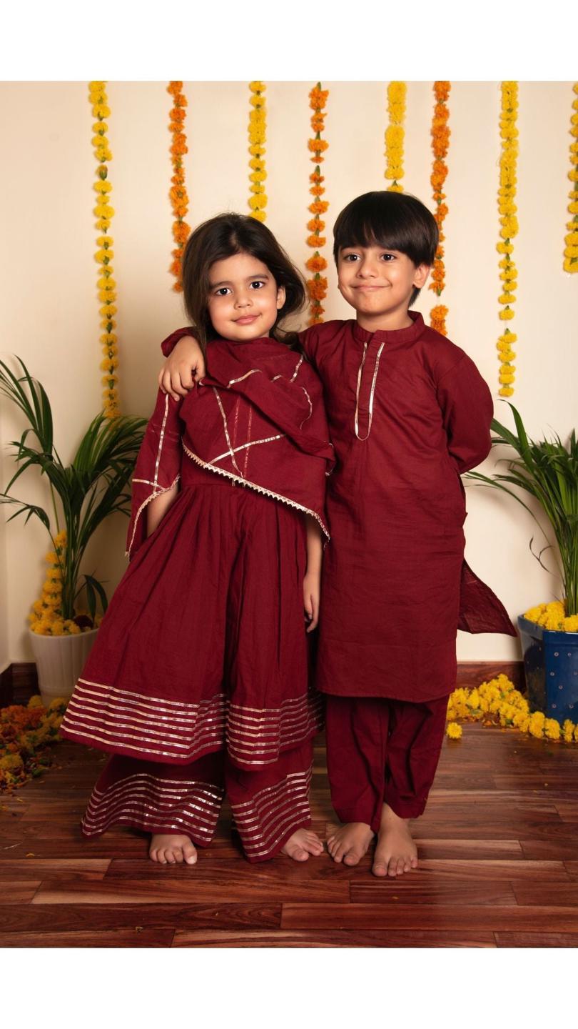 maroon-kurta-pant-set-11420035MR, Kids Indian Ethnic Clothing, Cotton Boy Kurta Pajama Set