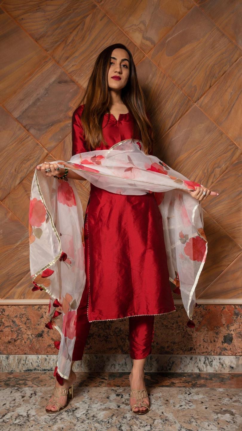 maroon-phool-taffeta-suit-set-11403172MR, Women Indian Ethnic Clothing, Silk Kurta Set Dupatta