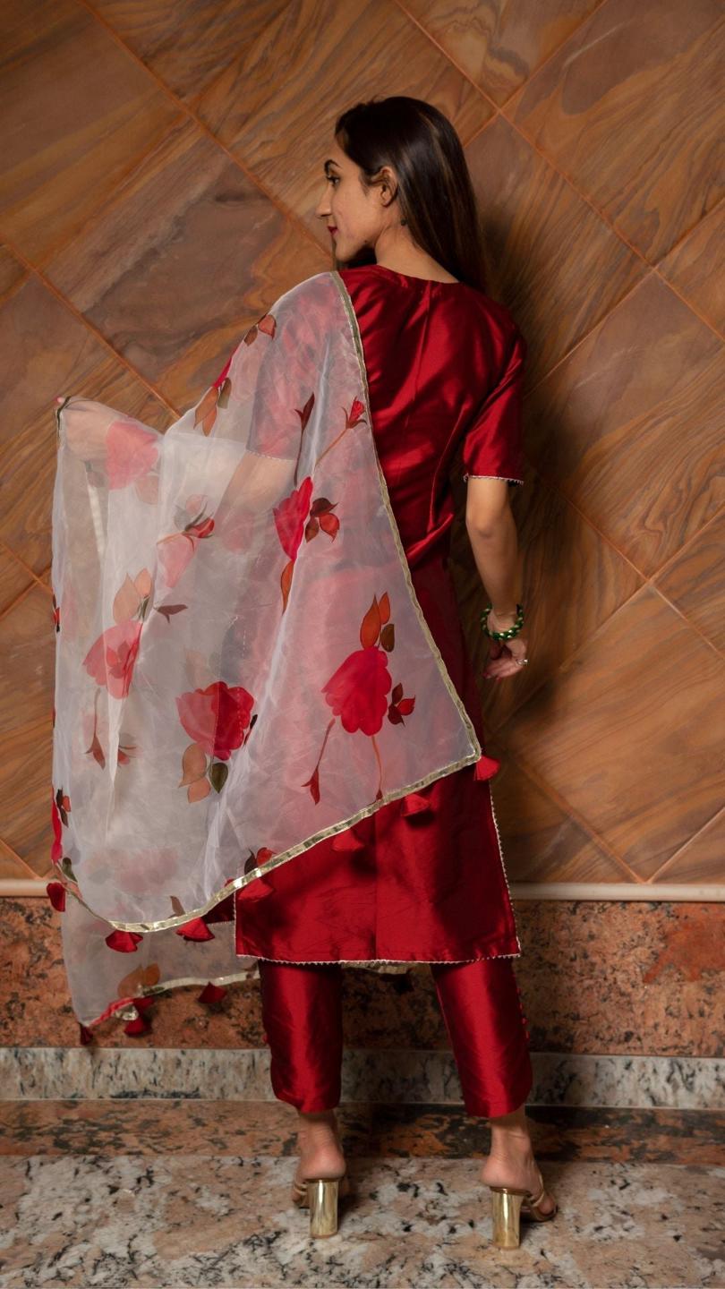 maroon-phool-taffeta-suit-set-11403172MR, Women Indian Ethnic Clothing, Silk Kurta Set Dupatta