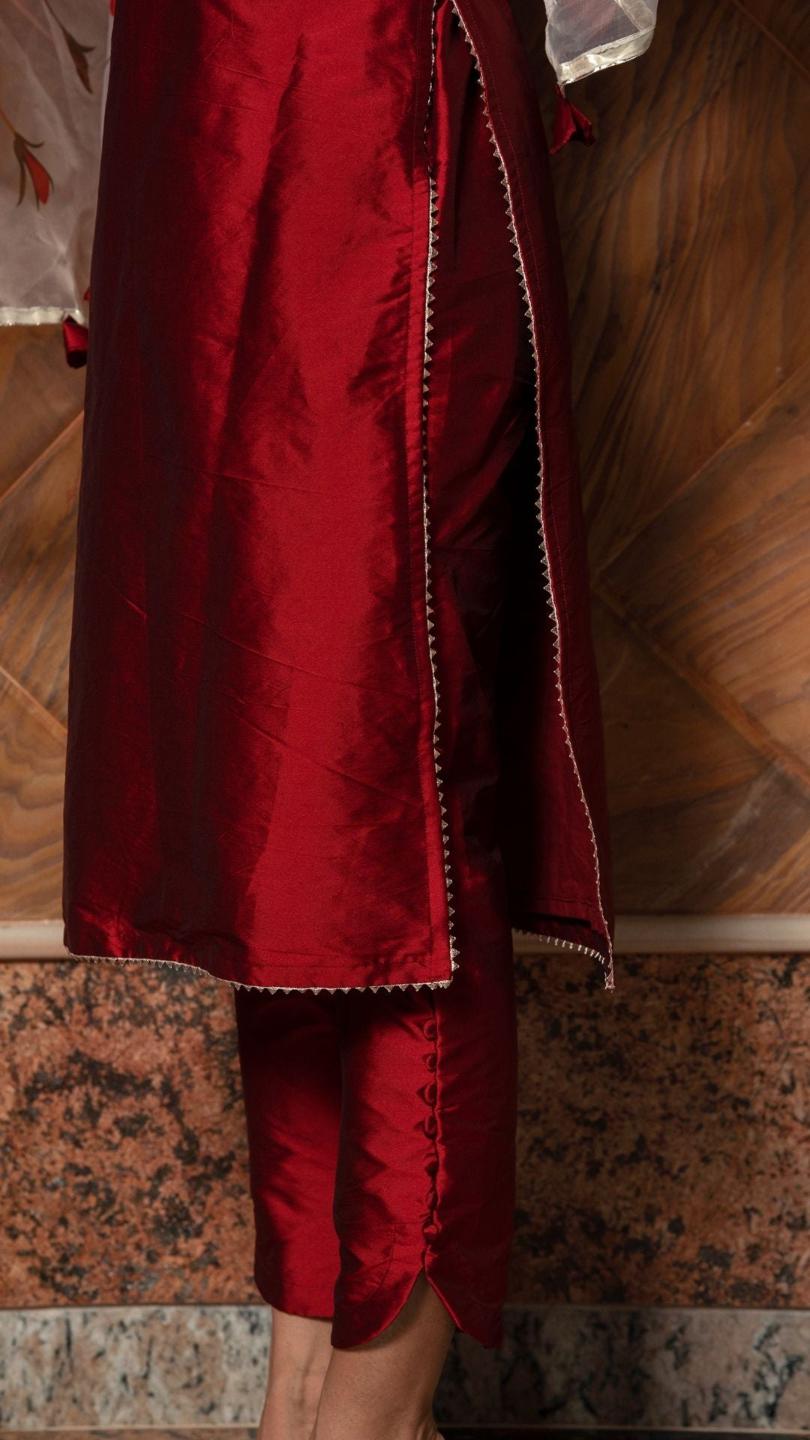 maroon-phool-taffeta-suit-set-11403172MR, Women Indian Ethnic Clothing, Silk Kurta Set Dupatta