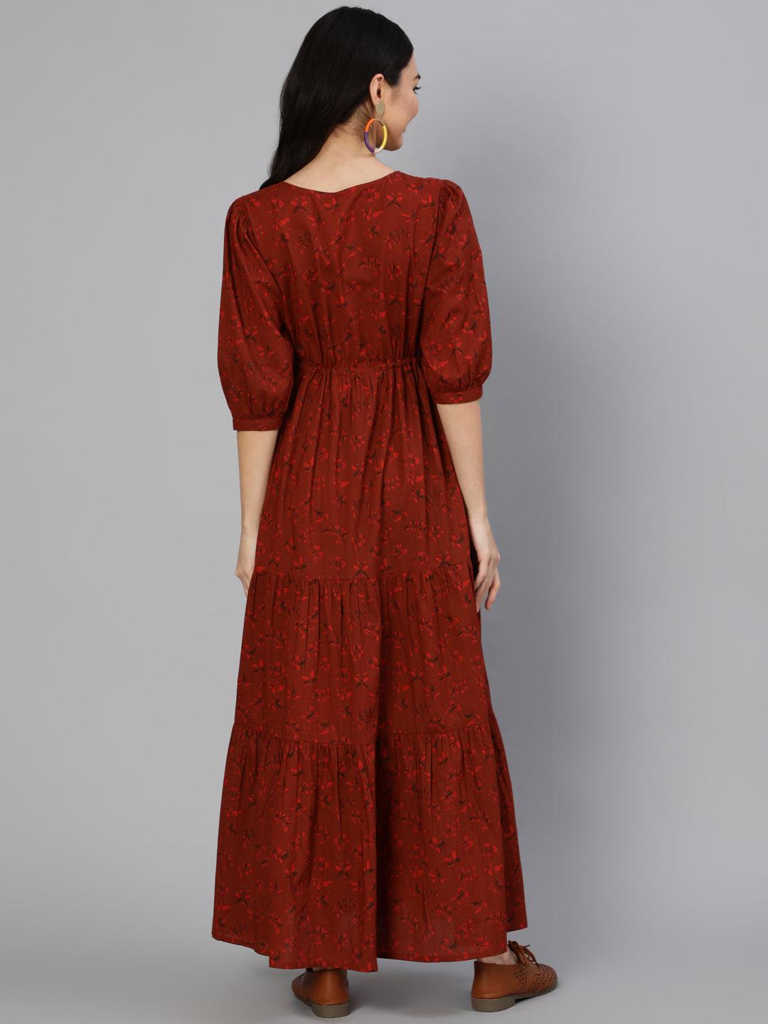 maroon-printed-tiered-dress-10804003MR, Women Clothing, Cotton Dress