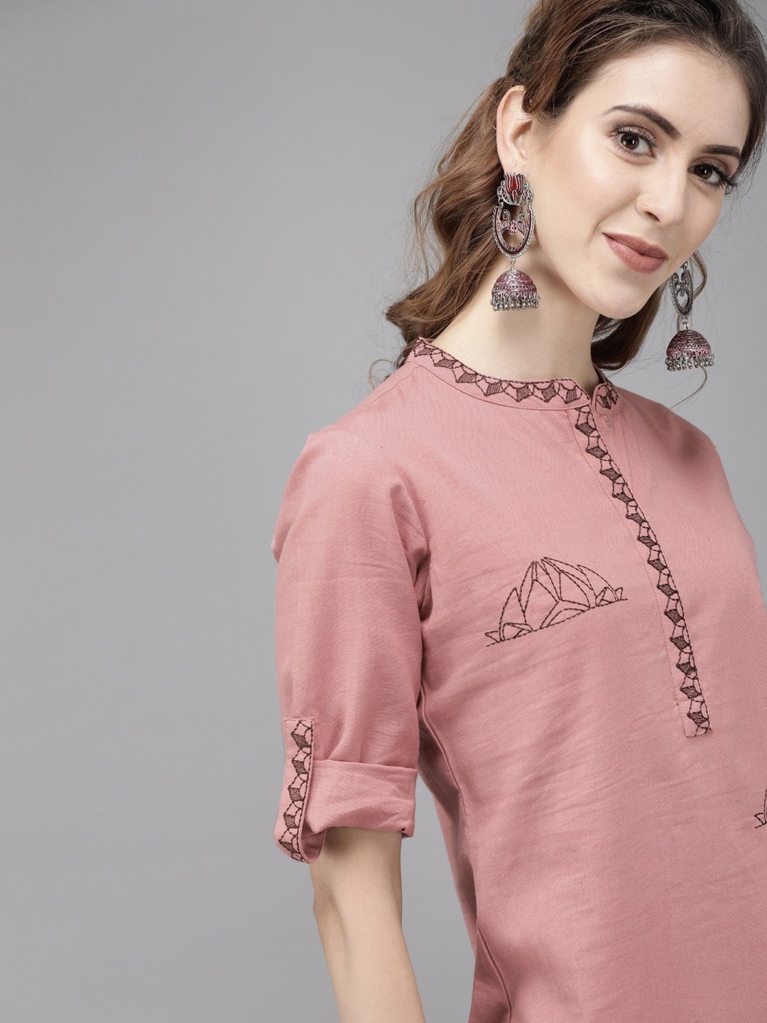 mauve-embroidered-straight-kurta-10101013PK, Women Indian Ethnic Clothing, Cotton Kurta