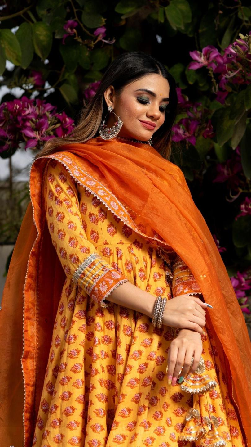 mehar-light-brown-hand-block-anarkali-set-11403162BR, Women Indian Ethnic Clothing, Cotton Kurta Set Dupatta