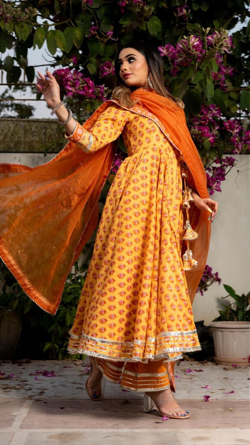 mehar-light-brown-hand-block-anarkali-set-11403162BR, Women Indian Ethnic Clothing, Cotton Kurta Set Dupatta