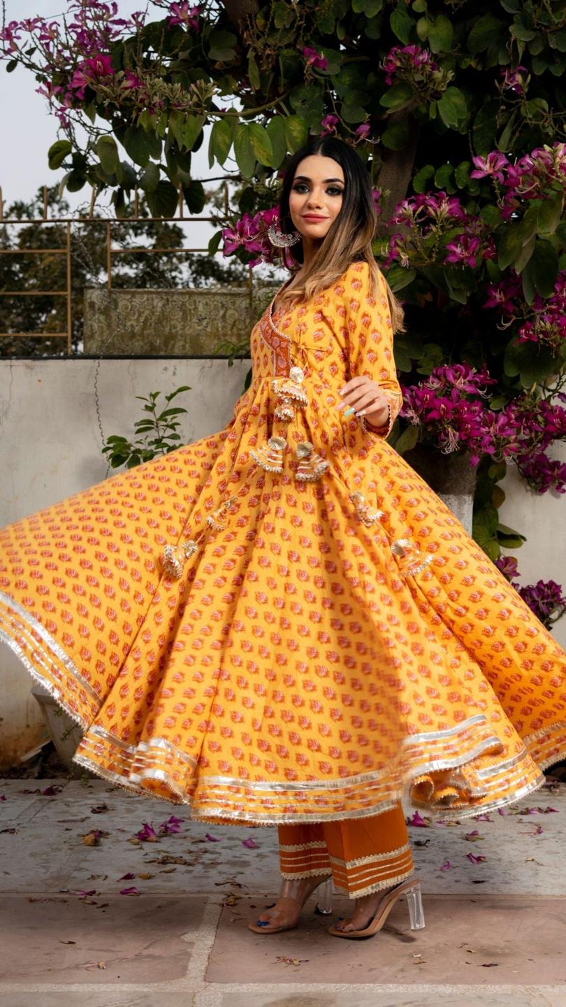 mehar-light-brown-hand-block-anarkali-set-11403162BR, Women Indian Ethnic Clothing, Cotton Kurta Set Dupatta