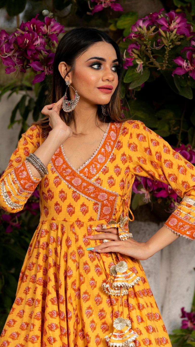 mehar-light-brown-hand-block-anarkali-set-11403162BR, Women Indian Ethnic Clothing, Cotton Kurta Set Dupatta