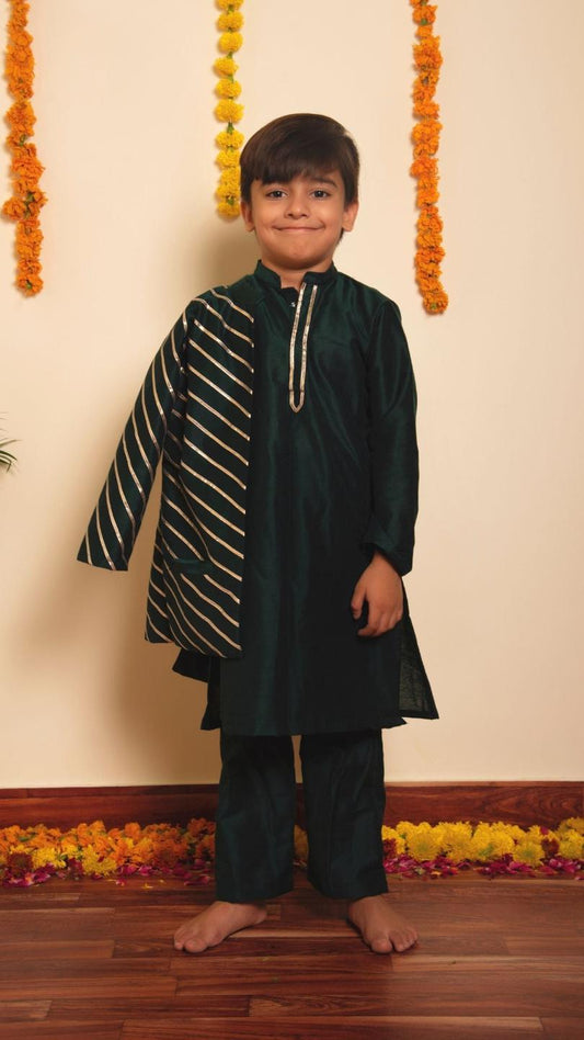 mimosa-green-kurta-jacket-set-11438019GR, Kids Indian Ethnic Clothing, Cotton Silk Boy Kurta Jacket Set