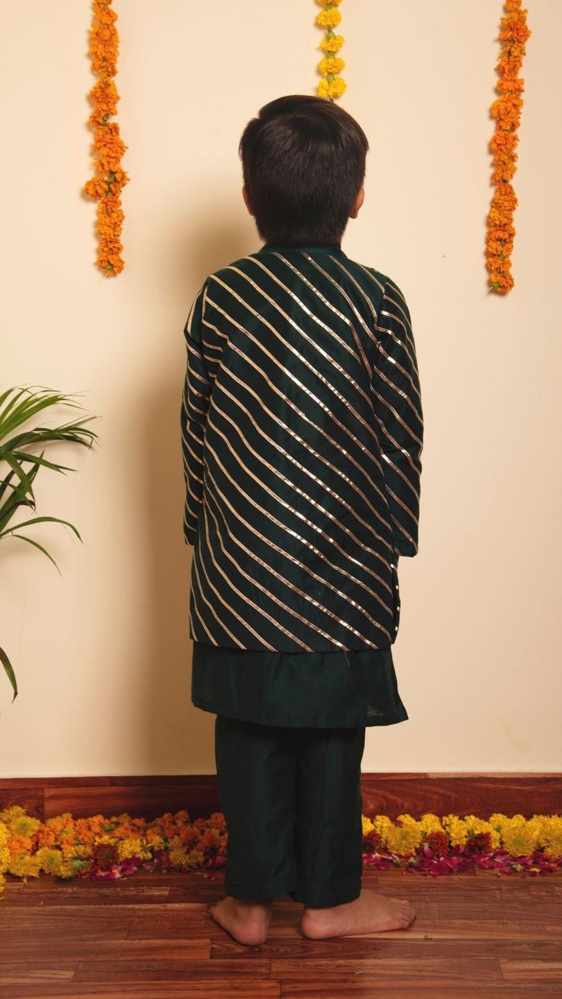 mimosa-green-kurta-jacket-set-11438019GR, Kids Indian Ethnic Clothing, Cotton Silk Boy Kurta Jacket Set