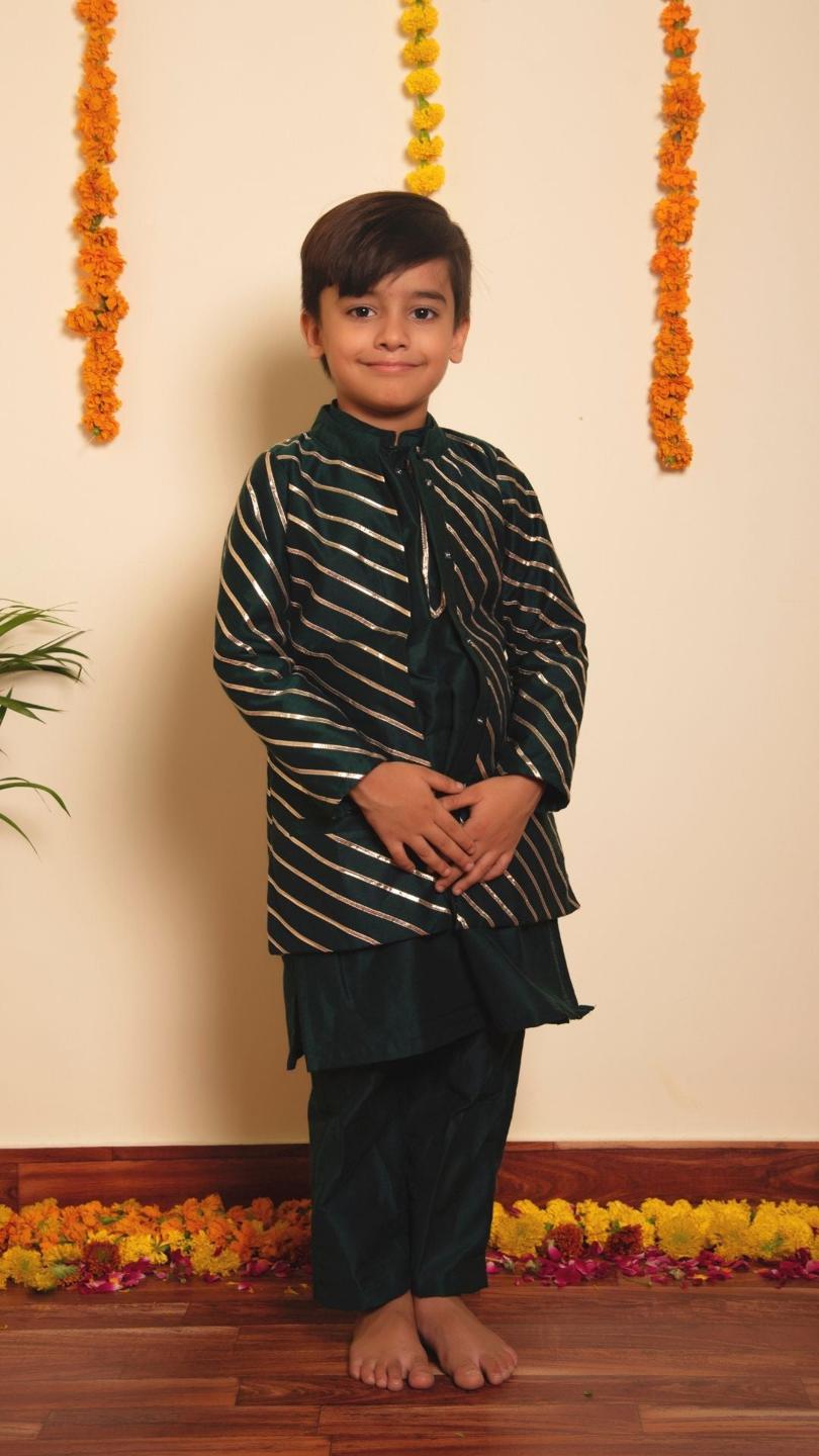 mimosa-green-kurta-jacket-set-11438019GR, Kids Indian Ethnic Clothing, Cotton Silk Boy Kurta Jacket Set