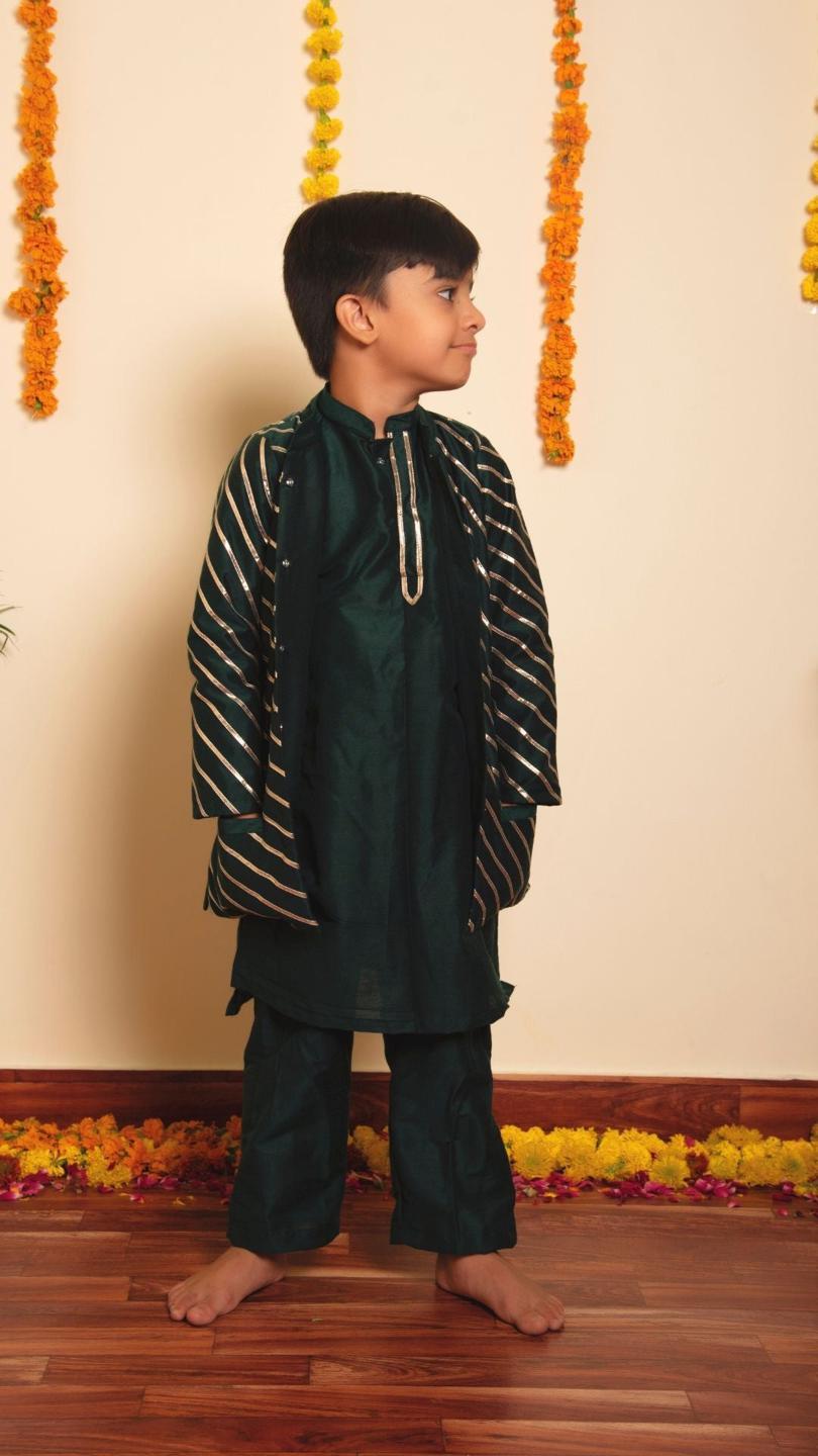mimosa-green-kurta-jacket-set-11438019GR, Kids Indian Ethnic Clothing, Cotton Silk Boy Kurta Jacket Set