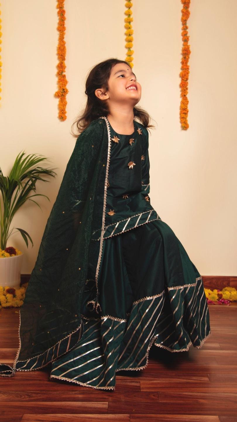 mimosa-green-lehenga-set-11409018GR, Kids Indian Ethnic Clothing, Cotton Silk Girl Lehenga Set