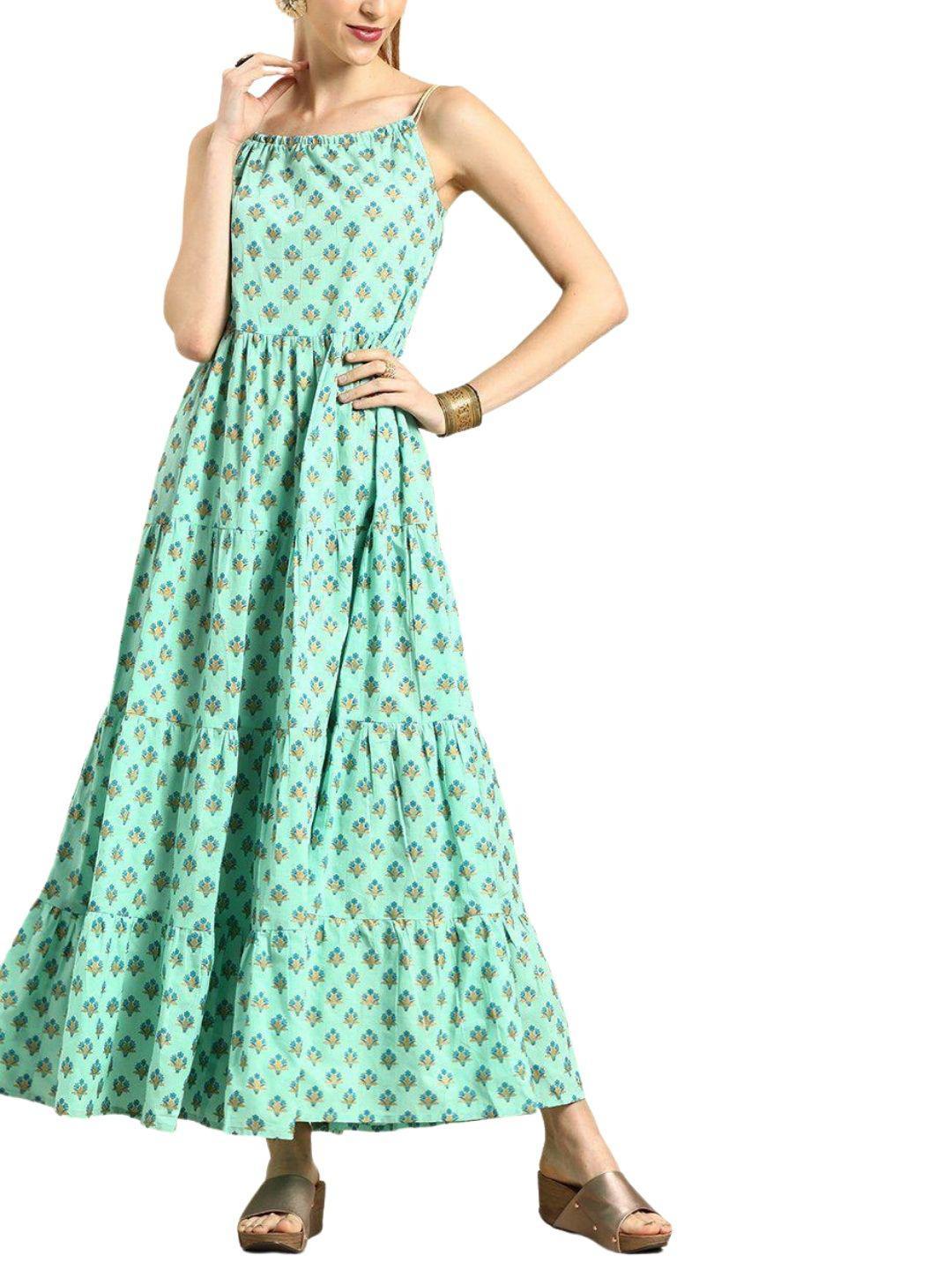 mint-green-printed-maxi-dress-10204105GR, Women Clothing, Cotton Dress