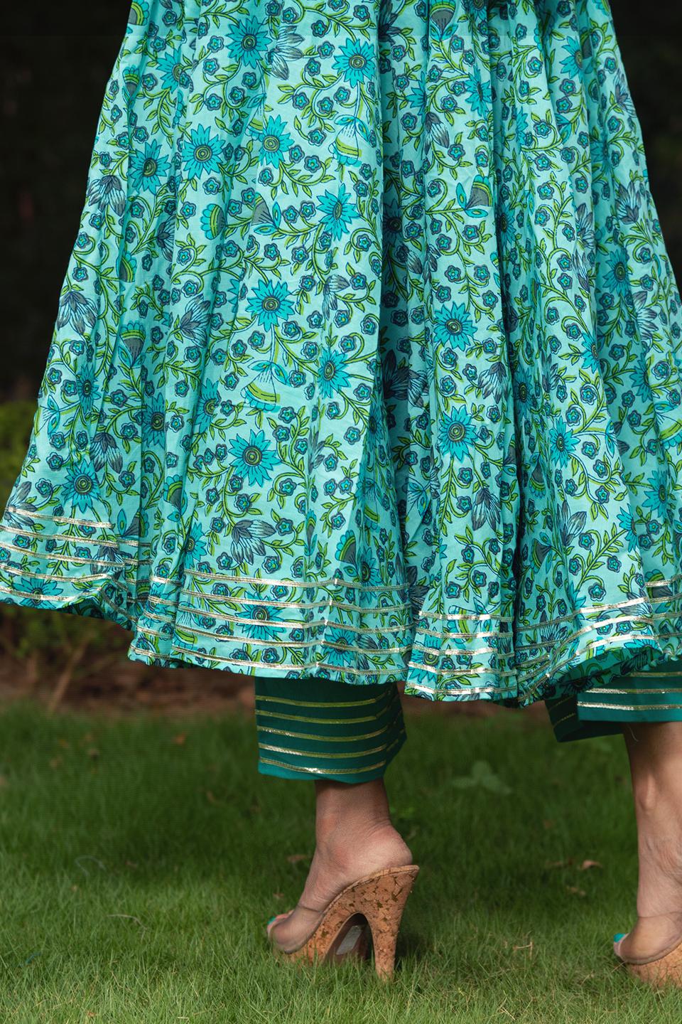 morni-hand-block-cotton-anarkali-set-11403151GR, Women Indian Ethnic Clothing, Cotton Kurta Set Dupatta