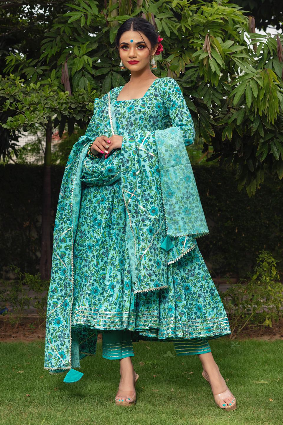 morni-hand-block-cotton-anarkali-set-11403151GR, Women Indian Ethnic Clothing, Cotton Kurta Set Dupatta