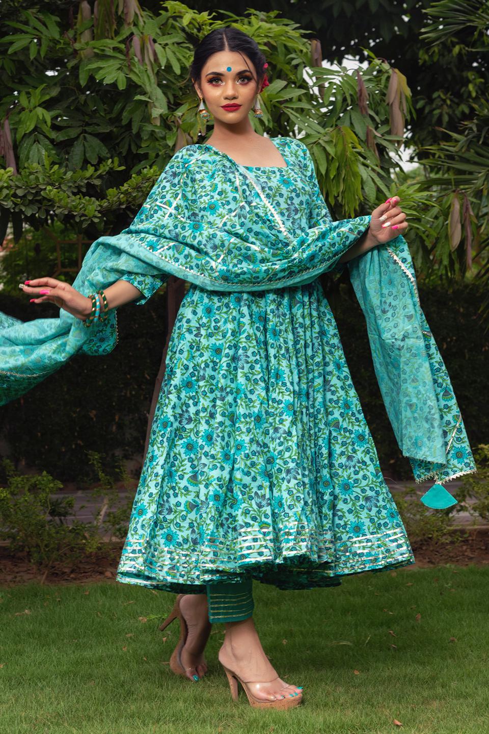 morni-hand-block-cotton-anarkali-set-11403151GR, Women Indian Ethnic Clothing, Cotton Kurta Set Dupatta