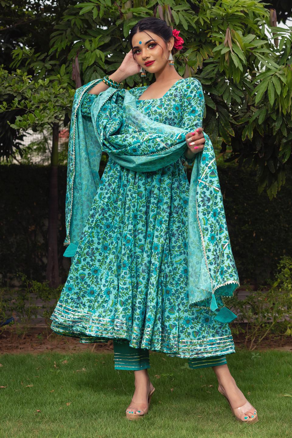 morni-hand-block-cotton-anarkali-set-11403151GR, Women Indian Ethnic Clothing, Cotton Kurta Set Dupatta