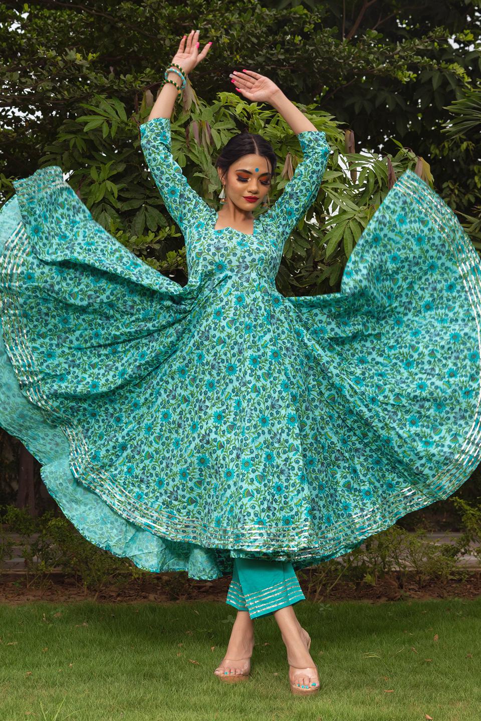 morni-hand-block-cotton-anarkali-set-11403151GR, Women Indian Ethnic Clothing, Cotton Kurta Set Dupatta