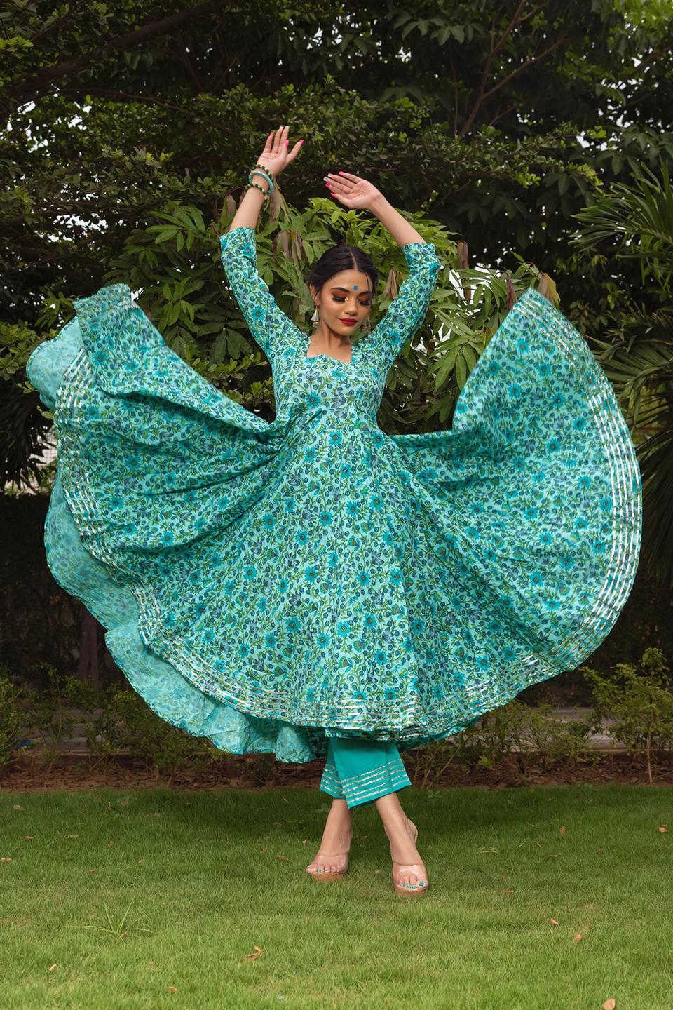 morni-hand-block-cotton-anarkali-set-11403151GR, Women Indian Ethnic Clothing, Cotton Kurta Set Dupatta