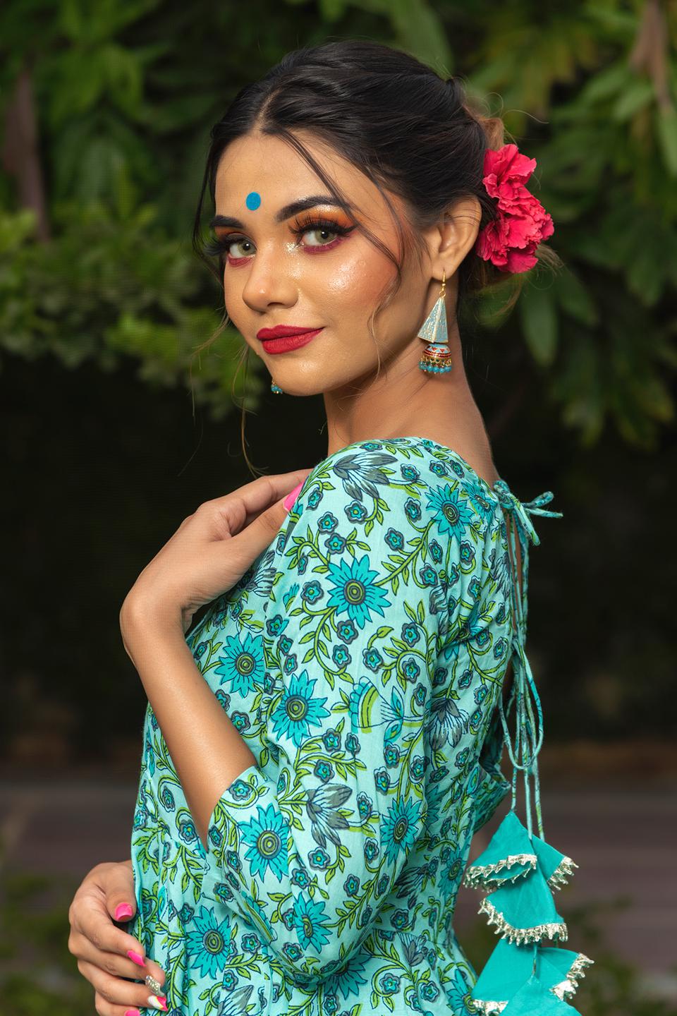 morni-hand-block-cotton-anarkali-set-11403151GR, Women Indian Ethnic Clothing, Cotton Kurta Set Dupatta