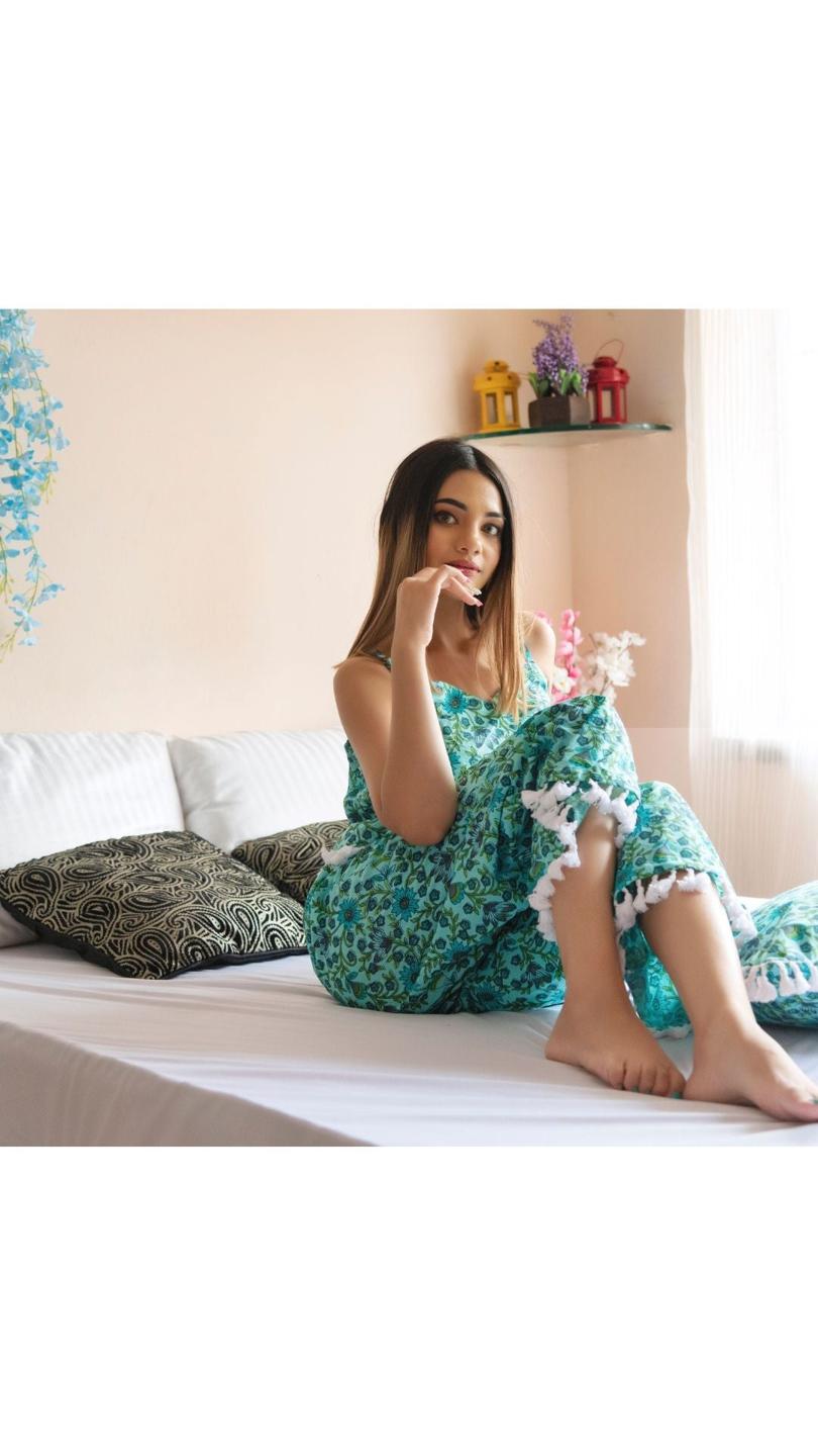 morni-hand-block-print-night-set-11436156GR, Women Clothing, Cotton Sleep Set