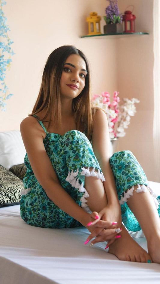 morni-hand-block-print-night-set-11436156GR, Women Clothing, Cotton Sleep Set