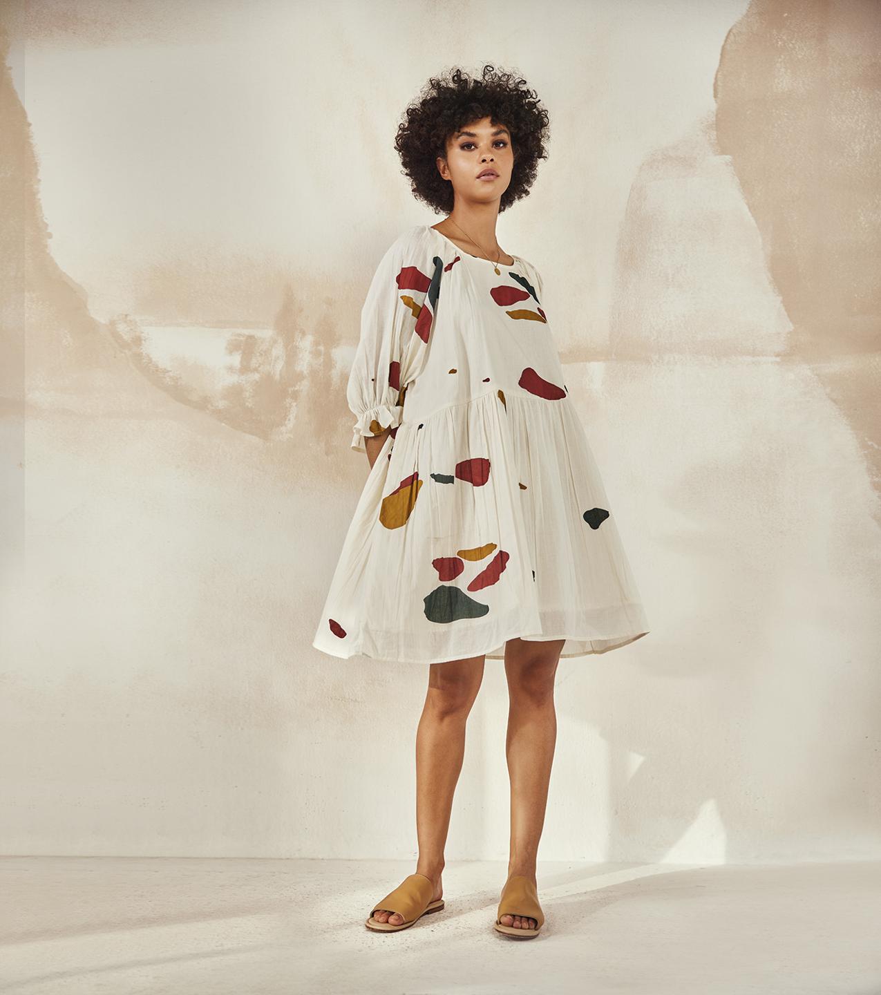 mosaic-printed-white-mulmul-flounce-dress-11904067WH, Women Clothing, Mulmul Dress