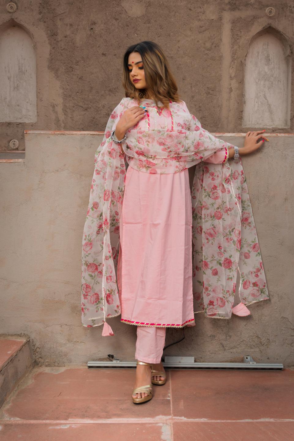 mosami-pink-suit-with-organza-dupatta-11403145PK, Women Indian Ethnic Clothing, Cotton Kurta Set Dupatta