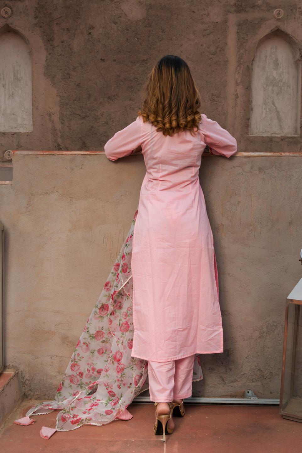 mosami-pink-suit-with-organza-dupatta-11403145PK, Women Indian Ethnic Clothing, Cotton Kurta Set Dupatta