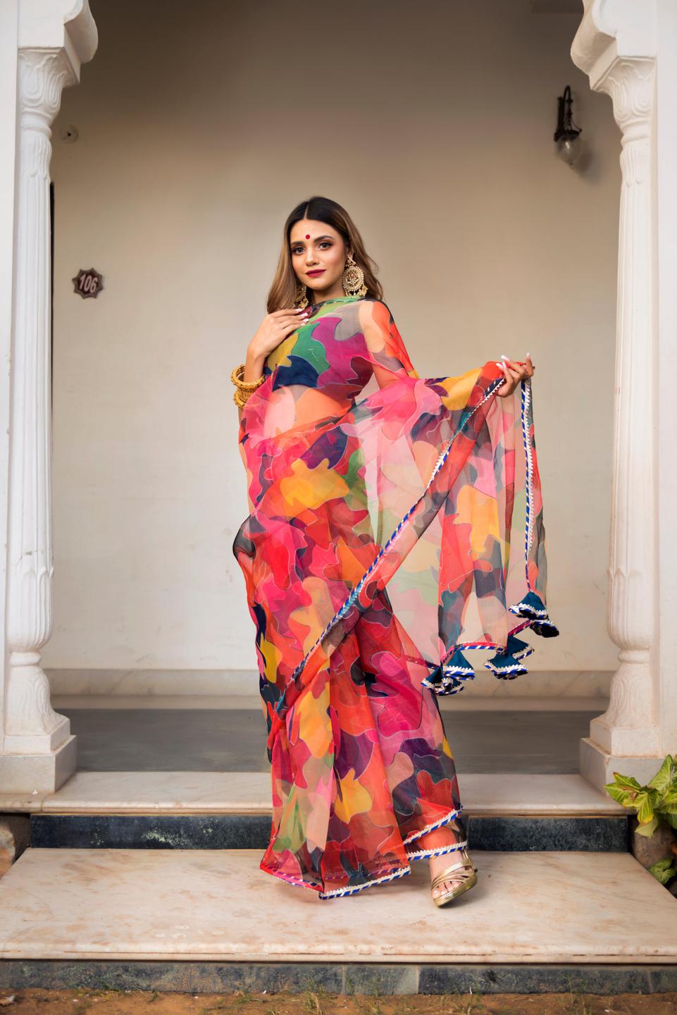 multi-color-organza-printed-saree-11422134ML, Women Indian Ethnic Clothing, Organza Saree