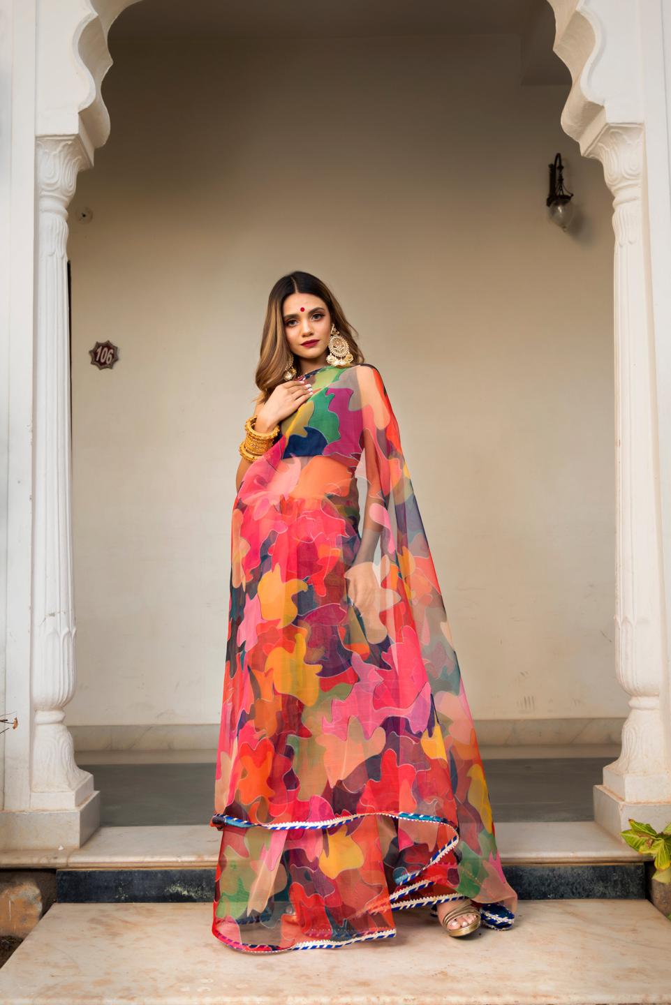 multi-color-organza-printed-saree-11422134ML, Women Indian Ethnic Clothing, Organza Saree