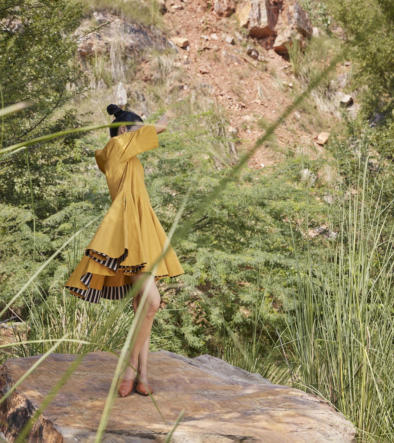 mustard-flared-round-neck-cotton-dress-11904037YL, Women Clothing, Cotton Dress