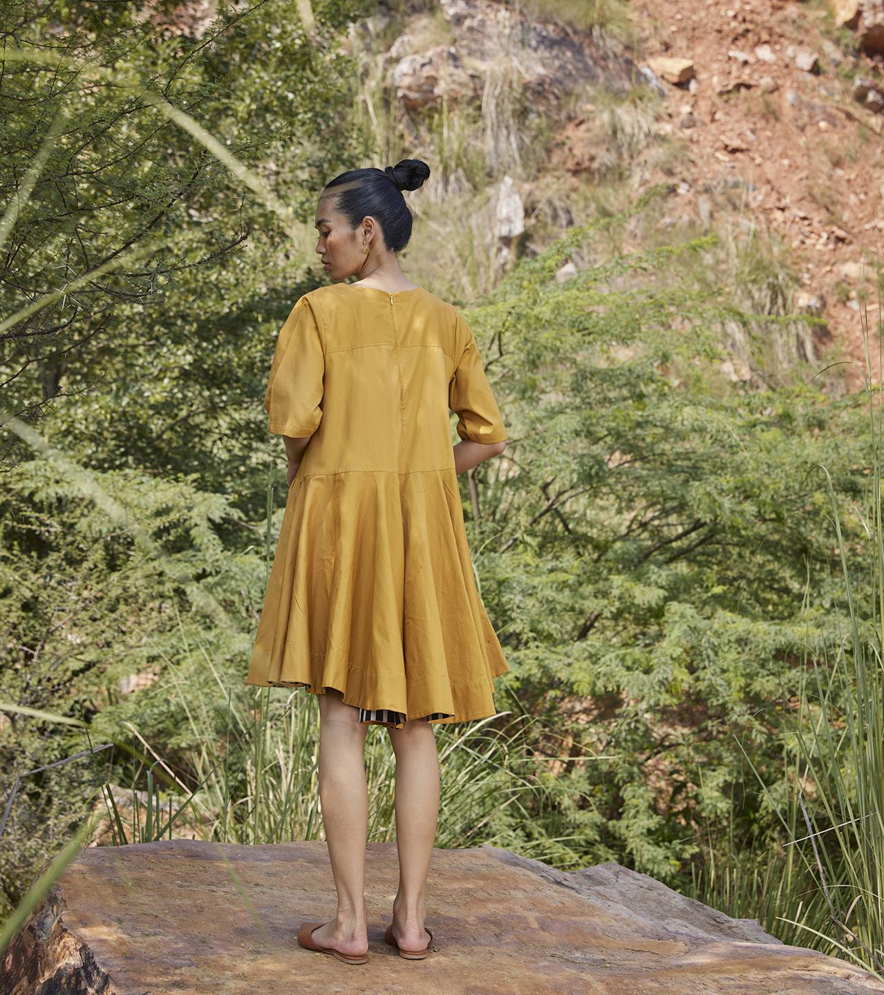 mustard-flared-round-neck-cotton-dress-11904037YL, Women Clothing, Cotton Dress