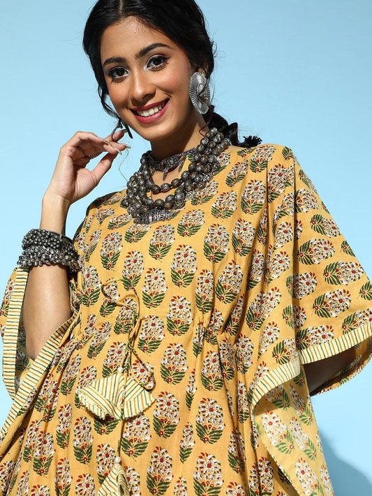 mustard-printed-caftan-kurta-10121096YL, Women Clothing, Cotton Caftan